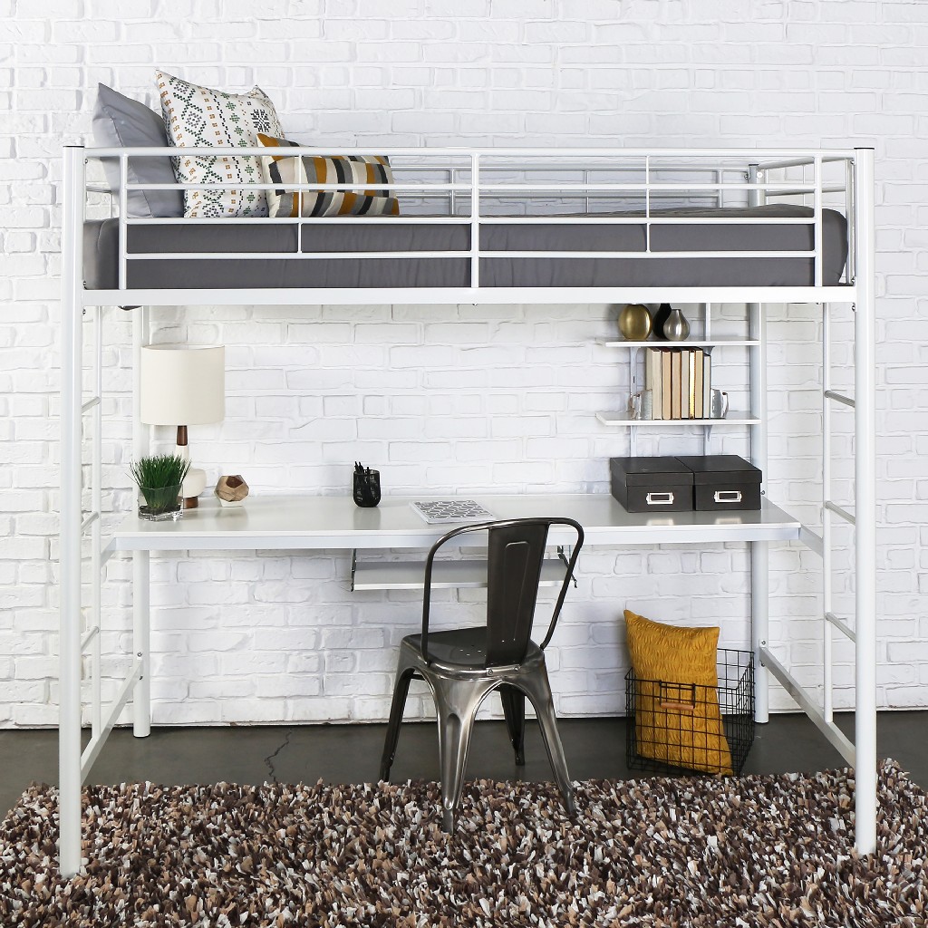 Premium Metal Twin Loft Bed W/ Workstation In White - Walker Edison Btozwh