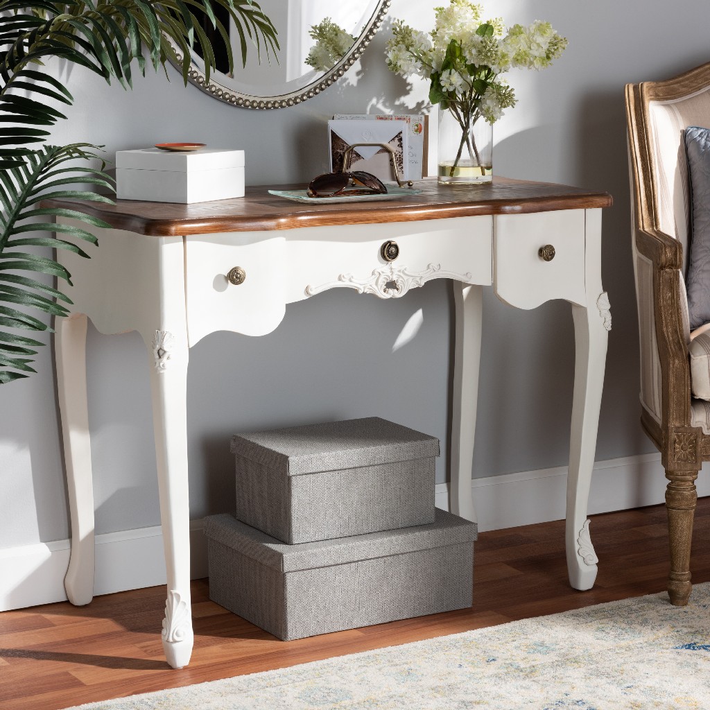 Baxton Studio Sophie Classic Traditional French Country White & Brown Finished Small 3-drawer Wood Console Table - Wholesale Interiors 132050-white-console