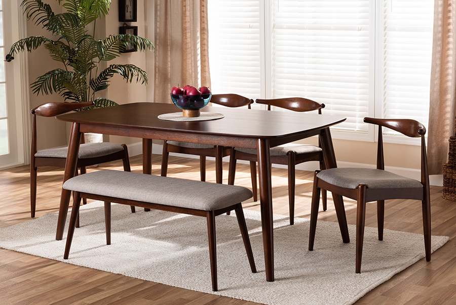Wholesale Interiors Aeron Light Fabric Upholstered Walnut Wood Dining Set