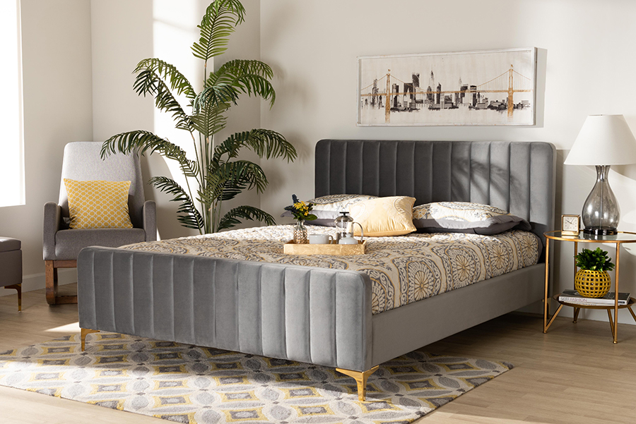 Baxton Studio Nami Modern Glam &amp; Luxe Light Grey Velvet Fabric &amp; Gold Finished Queen Size Platform Bed - Wholesale Interiors CF0374-Light-Grey-Queen