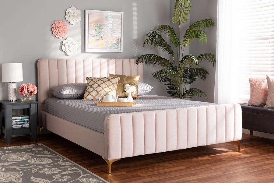 Baxton Studio Nami Modern Glam &amp; Luxe Light Pink Velvet Fabric &amp; Gold Finished King Size Platform Bed - Wholesale Interiors CF0374-Light-Pink-King