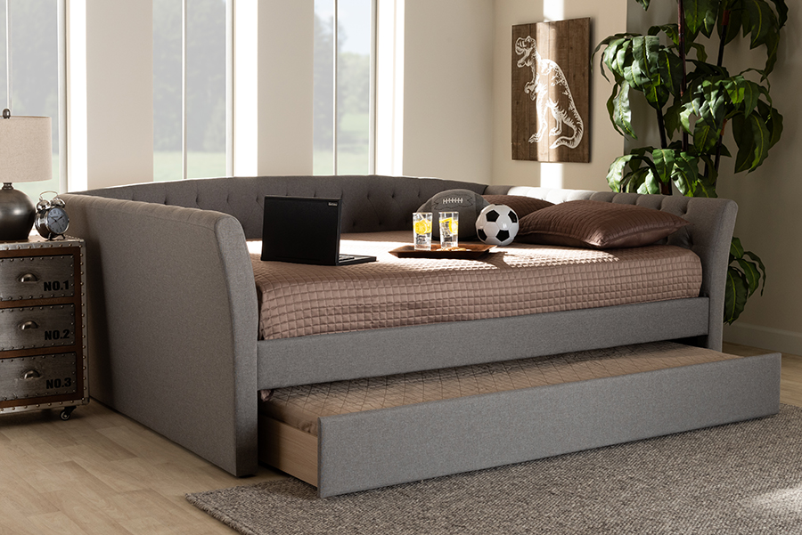 Baxton Studio Delora Modern Light Grey Fabric Queen Size Daybed /w Roll-Out Trundle Bed - CF9044-Light Grey-Daybed-Q/T