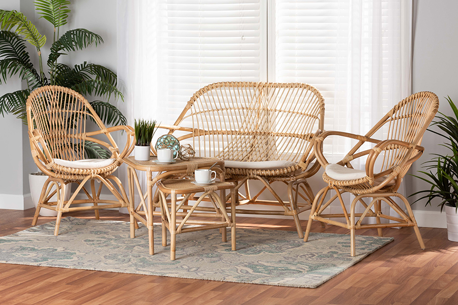 Baxton Studio Jayden Modern Bohemian White Fabric Upholstered and Natural Brown Finished Rattan 5-Piece Living Room Set - Wholesale Interiors Jayden-Rattan-5PC Living Room Set