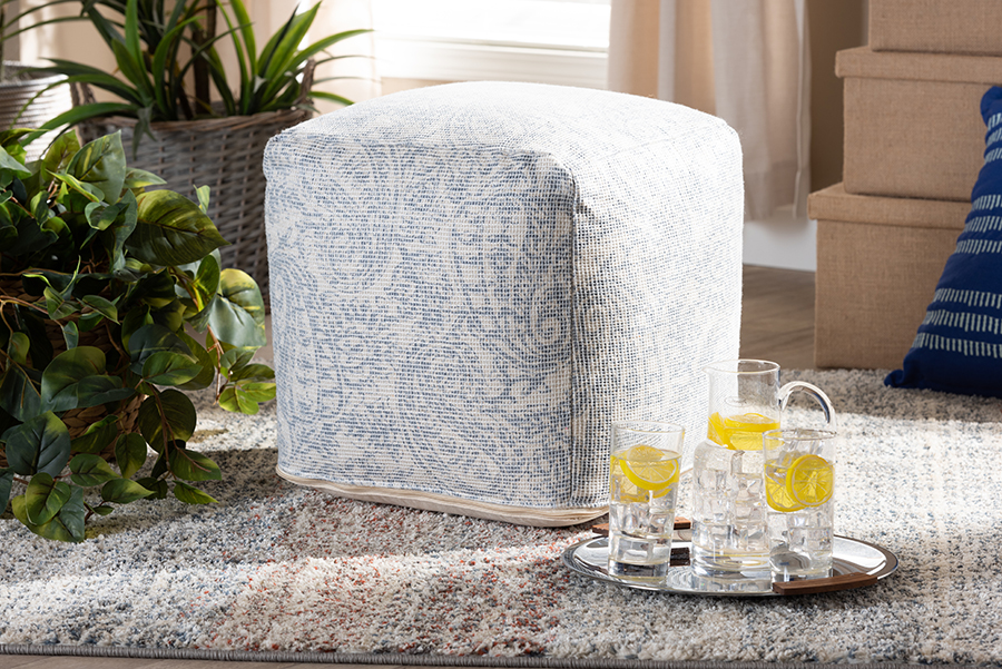 Baxton Studio Juvita Modern and Contemporary Ivory and Blue Handwoven Cotton Paisley Pouf Ottoman - Juvita-Ivory/Blue-Pouf - Ottoman