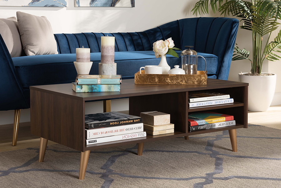 Baxton Studio Landen Mid-Century Modern Walnut Brown &amp; Gold Finished Wood Coffee Table - Wholesale Interiors LV10CFT1014WI-Columbia-Gold-CT