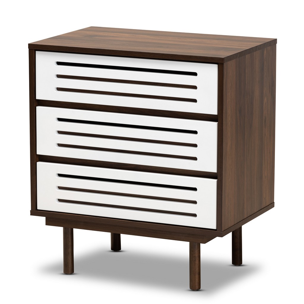 Baxton Studio Meike Mid-Century Modern Two-Tone Walnut Brown &amp; White Finished Wood 3-Drawer Nightstand - Wholesale Interiors LV14COD14230WI-Columbia/White-3DW-Nightstand