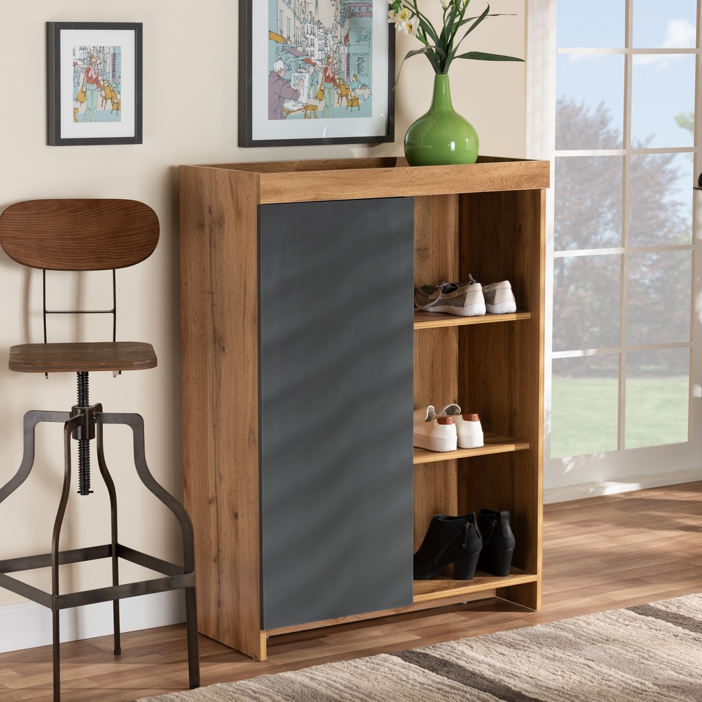 Baxton Studio Caspian Modern Two-Tone Grey &amp; Oak Brown Finished Wood Shoe Cabinet - Wholesale Interiors MPC8015-Oak/Grey-Cabinet