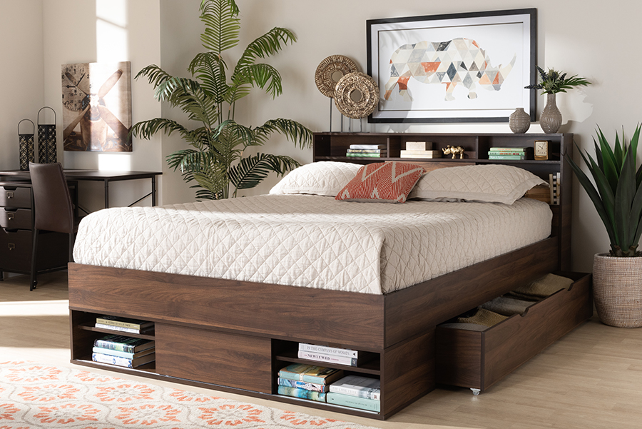 Wholesale Interiors Furniture Walnut Drawer Queen Platform Storage Bed Shelves