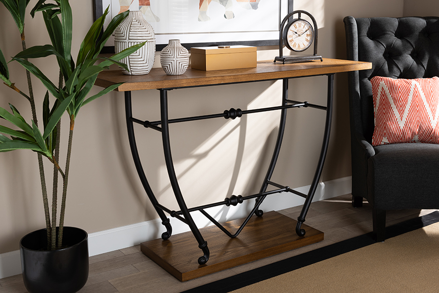 Picture of Baxton Studio Leigh Vintage Rustic Industrial Distressed Wood & Black Metal Finished Entryway Console Table - Wholesale Interiors YLX-9096