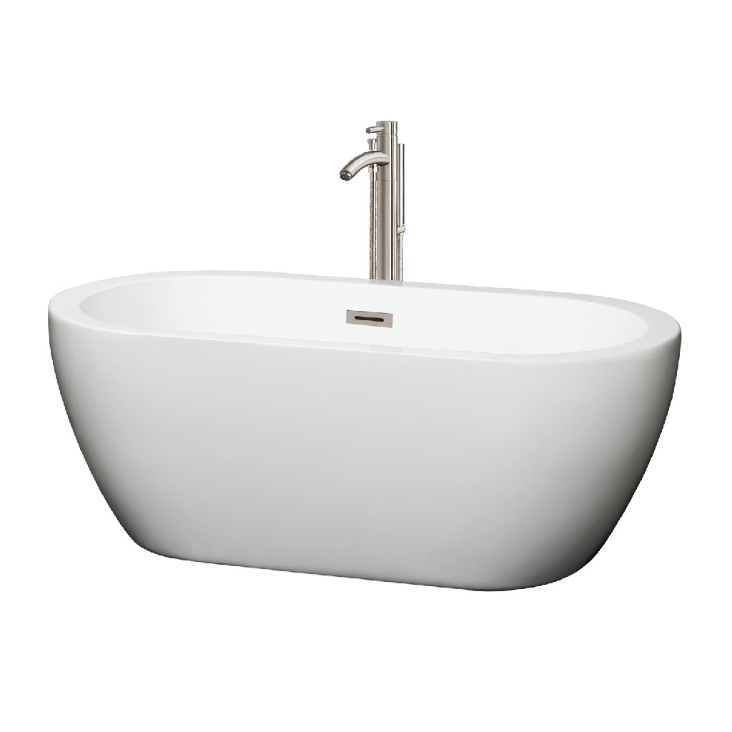 Wyndham Wcobt100260atp11bn 60 In. Center Drain Soaking Tub In White With Floor Mounted Faucet In Brushed Nickel