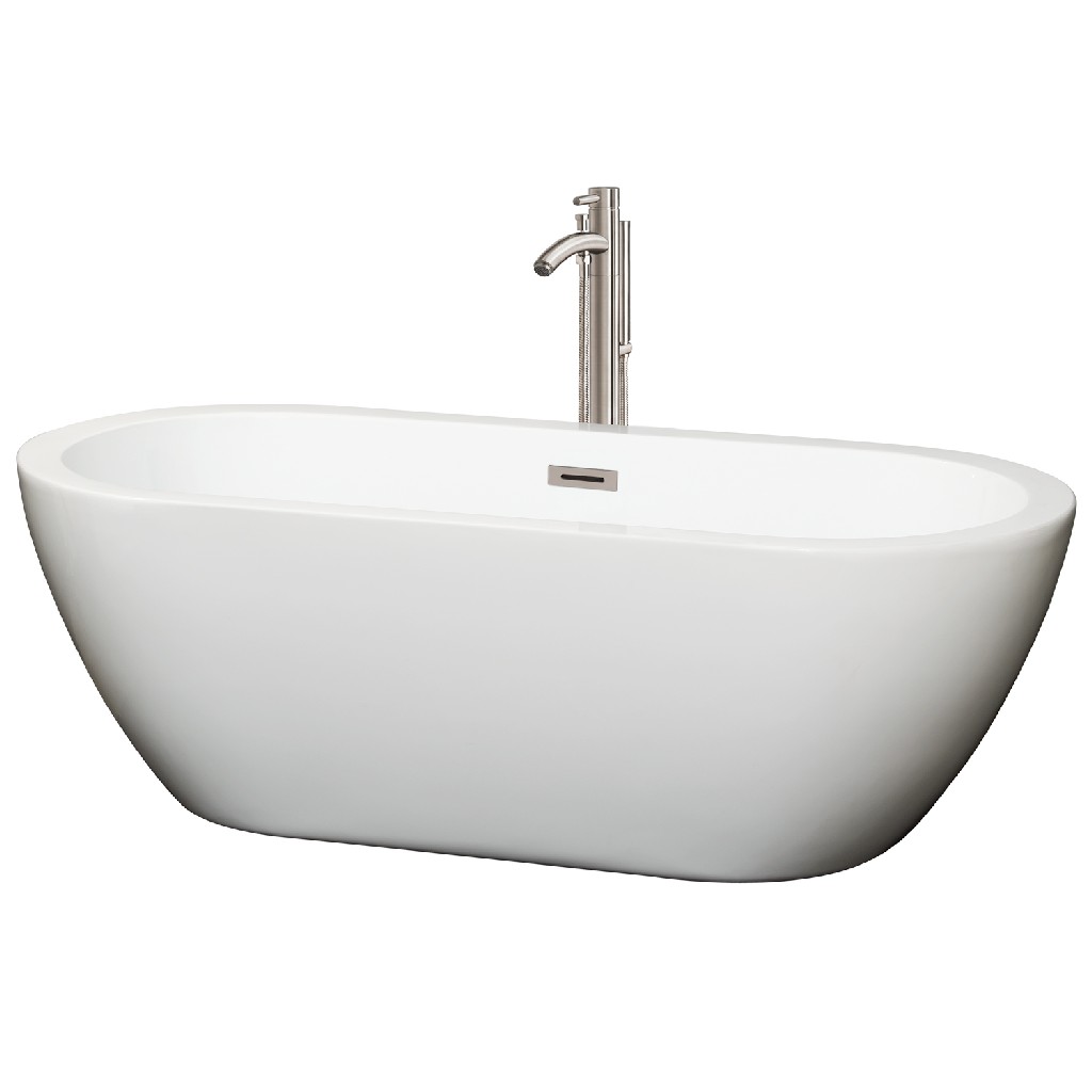Wyndham Wcobt100268atp11bn 68 In. Center Drain Soaking Tub In White With Floor Mounted Faucet In Brushed Nickel