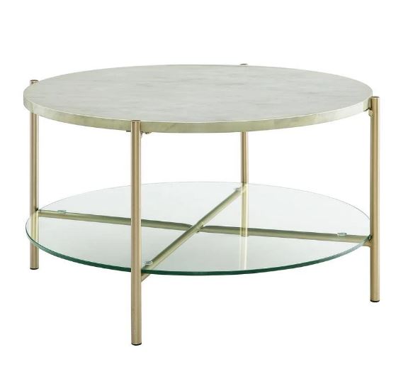 32" Mid Century Modern Round Coffee Table w/ White Marble Top, Glass Shelf & Gold Legs - Walker Edison AF32SRDCTMGD