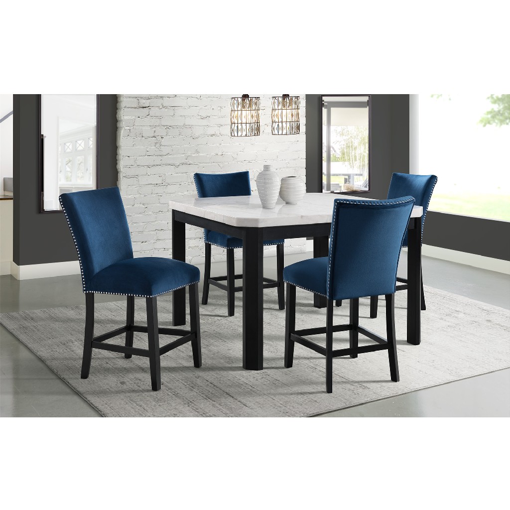 Celine White Marble 5PC Counter Height Dining Set-Table & Four Blue Velvet Chairs - Picket House Furnishings CFC700CBL5PC
