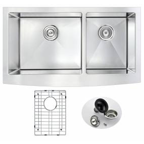 Elysian Farmhouse Stainless Steel 33 in. 0-Hole 60/40 Double Bowl Kitchen Sink in Brushed Satin - ANZZI K-AZ3320-4A