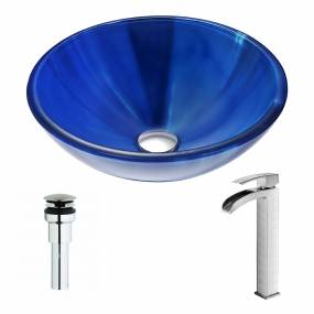 Meno Series Deco-Glass Vessel Sink in Lustrous Blue with Key Faucet in Brushed Nickel - ANZZI LSAZ051-097B
