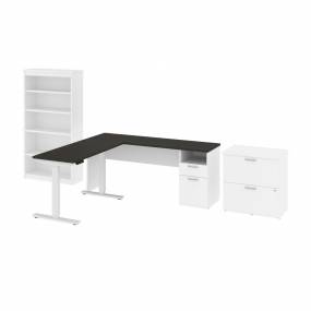 Upstand 135W 72W L-Shaped Standing Desk with Bookcase and File Cabinet in Deep Grey & White - Bestar 175853-000032