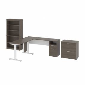 Upstand 135W 72W L-Shaped Standing Desk with Bookcase and File Cabinet in Bark Grey & White - Bestar 175853-000047