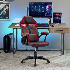 Aspect Adjustable Racing Gaming Chair in Black Faux Leather and Red Mesh with Lumbar Support Pillow - Armen Living LCASGCRDBLK