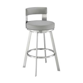 Flynn 26" Swivel Counter Stool in Brushed Stainless Steel with Light Gray Faux Leather – Armen Living LCFLBABSLGRY26