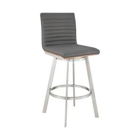 Nikole 30" Bar Height Walnut Swivel Bar Stool in Brushed Stainless Steel Finish and Gray Faux Leather – Armen Living LCNKBAWABSGR30