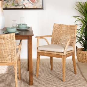 bali & pari Storsel Modern Bohemian Natural Brown Finished Teak Wood and Rattan Dining Chair