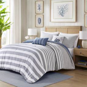 Harbor House Brooks 5 Piece Oversized Cotton Stripe Comforter Set in White/Blue (Full/Queen) - Olliix HH10-1831