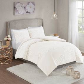 Madison Park Veronica 3 Piece Tufted Cotton Chenille Floral Comforter Set in Off White (Full/Queen) - Olliix MP10-7823