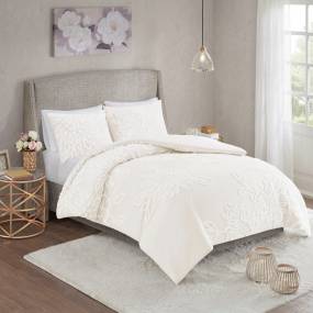 Madison Park Veronica 3 Piece Tufted Cotton Chenille Floral Duvet Cover Set in Off White (Full/Queen) - Olliix MP12-7825