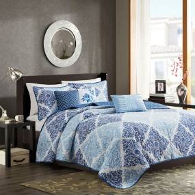 Madison Park Claire 6 Piece Reversible Coverlet Set in Blue (Full/Queen) - Olliix MP13-7742