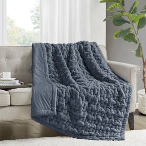 Madison Park Ruched Fur Throw in Slate Blue - Olliix MP50-8107