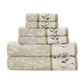 Green Embroidered Cotton Jacquard 6 Piece Towel Set - Olliix MP73-7907