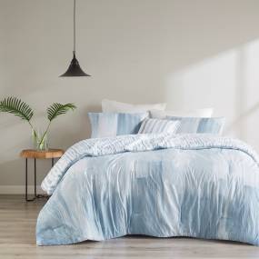 N Natori Brush Stroke 4 Piece Oversized Reversible Seersucker Comforter Set in Blue (King) - Olliix NS10-3706