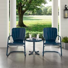 Ridgeland 3Pc Outdoor Metal Armchair Set Navy - Side Table & 2 Chairs - Crosley KO10012NV