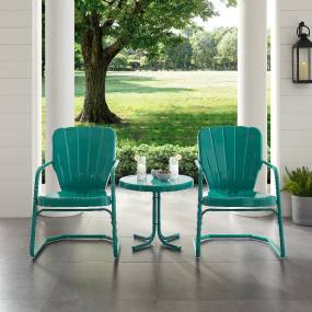 Ridgeland 3Pc Outdoor Metal Armchair Set Turquoise - Side Table & 2 Chairs - Crosley KO10012TU