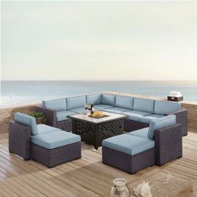 Biscayne 8Pc Outdoor Wicker Sectional Set W/Fire Table Mist/Brown - 3 Loveseats, 2 Armless Chairs, 2 Ottomans, & Tucson Fire Table - Crosley KO70117BR-MI