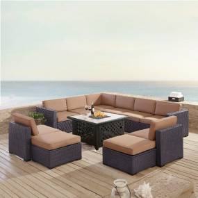 Biscayne 8Pc Outdoor Wicker Sectional Set W/Fire Table Mocha/Brown - 3 Loveseats, 2 Armless Chairs, 2 Ottomans, & Tucson Fire Table - Crosley KO70117BR-MO