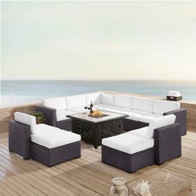 Biscayne 8Pc Outdoor Wicker Sectional Set W/Fire Table White/Brown - 3 Loveseats, 2 Armless Chairs, 2 Ottomans, & Tucson Fire Table - Crosley KO70117BR-WH