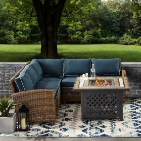 Bradenton 4Pc Outdoor Wicker Sectional Set W/Fire Table Weathered Brown/Navy - Right Corner Loveseat, Left Corner Loveseat, Corner Chair, & Tucson Fire Table - Crosley KO70157-NV