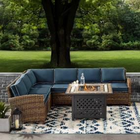 Bradenton 5Pc Outdoor Wicker Sectional Set W/Fire Table Weathered Brown/Navy - Right Corner Loveseat, Left Corner Loveseat, Corner Chair, Center Chair, & Tucson Fire Table - Crosley KO70158-NV