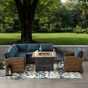 Bradenton 5Pc Outdoor Wicker Sectional Set W/Fire Table Weathered Brown/Navy - Right Corner Loveseat, Left Corner Loveseat, Corner Chair, Armchair, & Tucson Fire Table - Crosley KO70159-NV