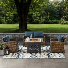 Bradenton 4Pc Outdoor Wicker Conversation Set W/Fire Table Weathered Brown/Navy - Loveseat, Tucson Fire Table, & 2 Arm Chairs - Crosley KO70160-NV