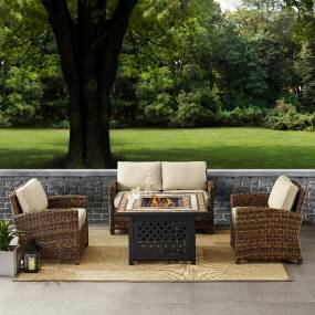 Bradenton 4Pc Outdoor Wicker Conversation Set W/Fire Table Weathered Brown/Sand - Loveseat, Tucson Fire Table, & 2 Arm Chairs - Crosley KO70160-SA