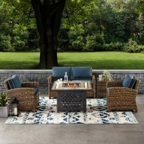 Bradenton 5Pc Outdoor Wicker Conversation Set W/Fire Table Weathered Brown/Navy - Loveseat, Side Table, Tucson Fire Table, & 2 Armchairs - Crosley KO70162-NV