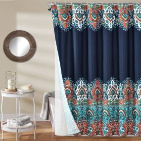 Bohemian Meadow Shower Curtain Navy with Peva Lining and Rings 14Pcs Complete Set 72X72 - Lush Decor 16T004412