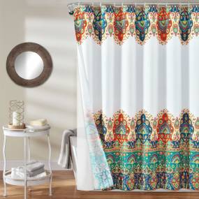 Bohemian Meadow Shower Curtain Orange/Turquoise with Peva Lining and Rings 14Pcs Complete Set 72X72 - Lush Decor 16T004413