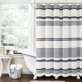 Urban Diamond Stripe Woven Tufted Eco-Friendly Recycled Cotton Shower Curtain Navy Single 72X72 - Triangle Home Décor 16T004582