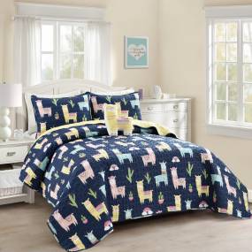 Make A Wish Southwest Llama Cactus Quilt Navy/Yellow 4pc Set Full/Queen - Quilt-Juvy 16T005253