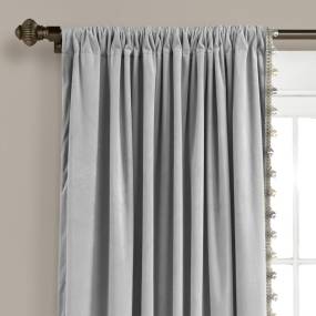 Luxury Vintage Velvet With Silky Pompom Trim Window Curtain Panel Gray Single 52X84 - Triangle Home Decor 21T012500