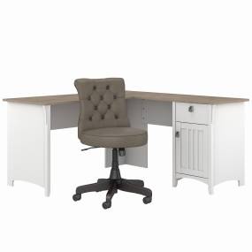Bush Furniture Salinas 60W L Shaped Desk with Mid Back Tufted Office Chair in Pure White and Shiplap Gray - Bush Furniture SAL010G2W