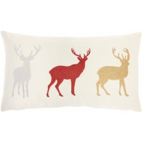 Mina Victory Holiday Pillows Rhinestone Reindeers Red Throw Pillows 12"X21" - Nourison 798019078867